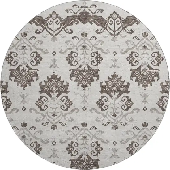 8' Chocolate Taupe And Beige Medallion Washable Round Rug With UV Protection Photo 1