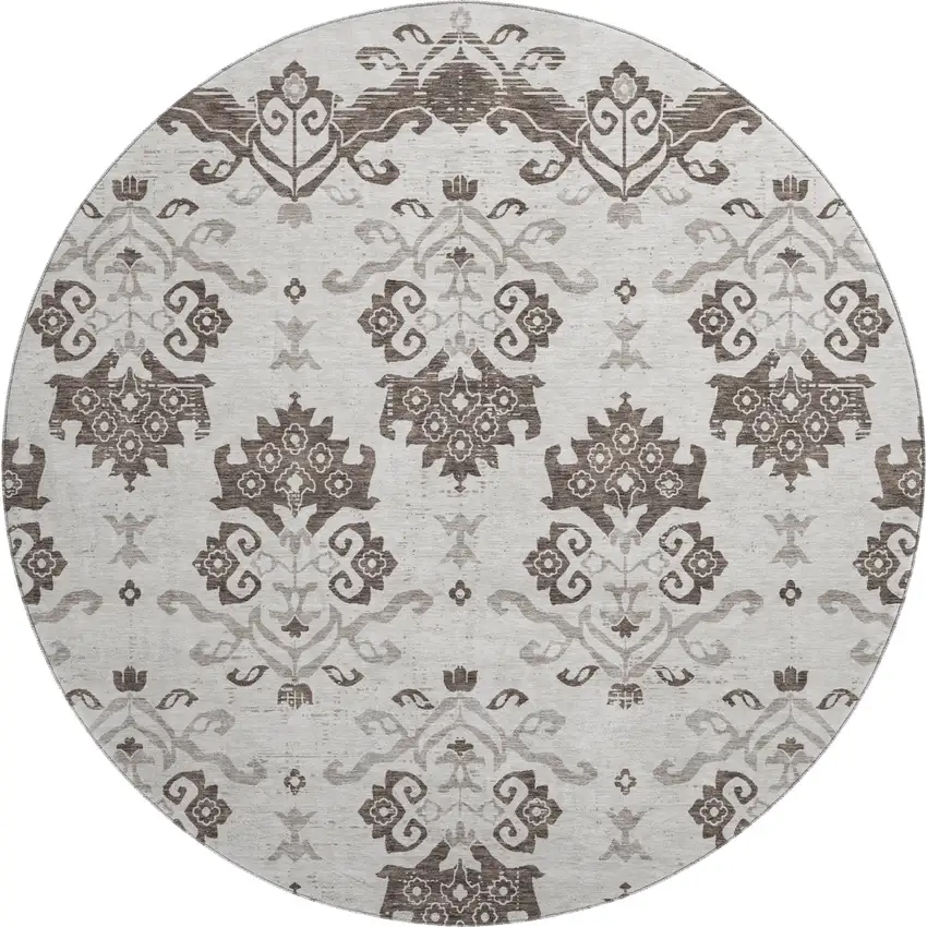 8' Chocolate Taupe And Beige Medallion Washable Round Rug With UV Protection Photo 1