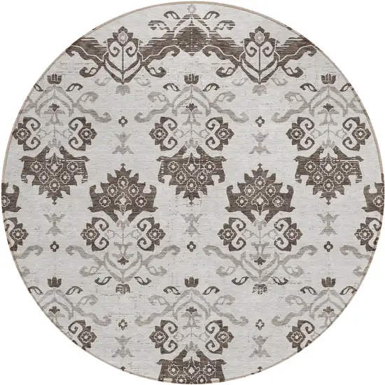 8' Chocolate Taupe And Beige Round Oriental Washable Indoor Outdoor Area Rug Photo 1