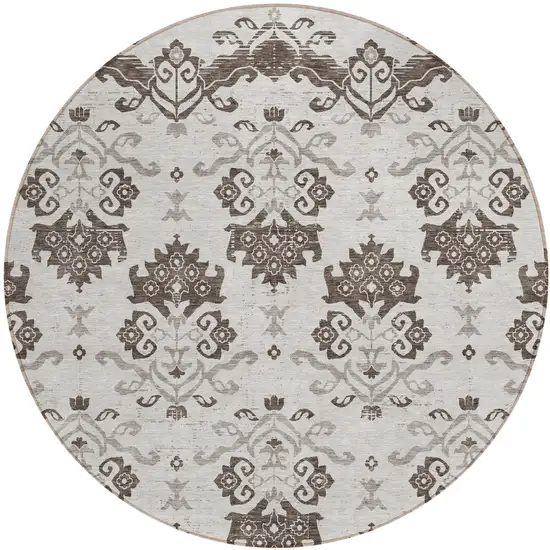 8' Chocolate Taupe And Beige Round Oriental Washable Indoor Outdoor Area Rug Photo 1