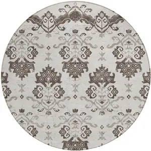 Photo of 8' Chocolate Taupe And Beige Round Oriental Washable Indoor Outdoor Area Rug