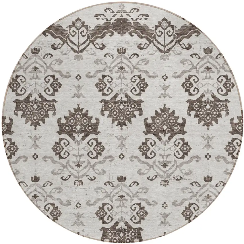 8' Chocolate Taupe And Beige Round Oriental Washable Indoor Outdoor Area Rug Photo 1
