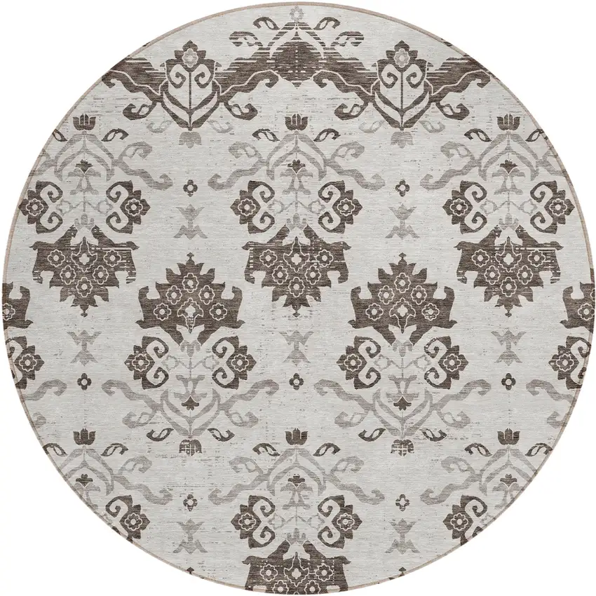 8' Chocolate Taupe And Beige Round Oriental Washable Indoor Outdoor Area Rug Photo 1