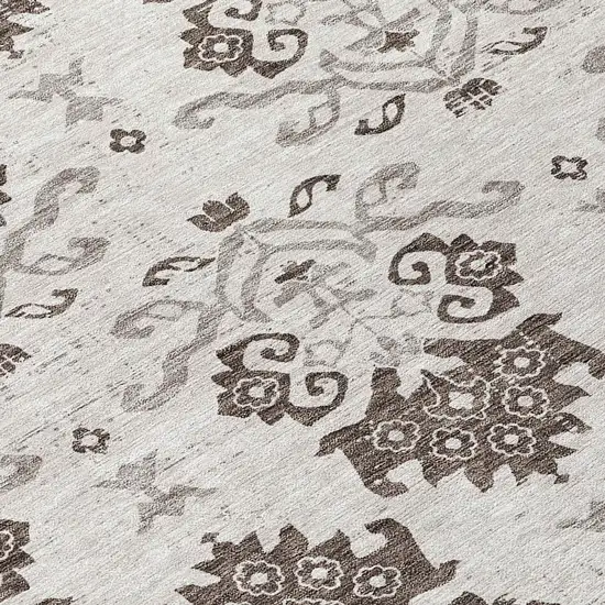 8' Chocolate Taupe And Beige Round Oriental Washable Indoor Outdoor Area Rug Photo 9