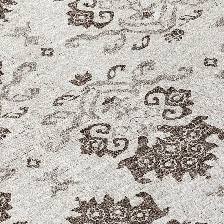 8' Chocolate Taupe And Beige Round Oriental Washable Indoor Outdoor Area Rug Photo 9