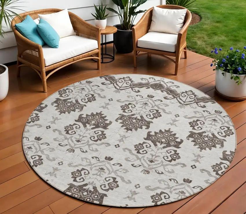 8' Chocolate Taupe And Beige Round Oriental Washable Indoor Outdoor Area Rug Photo 1