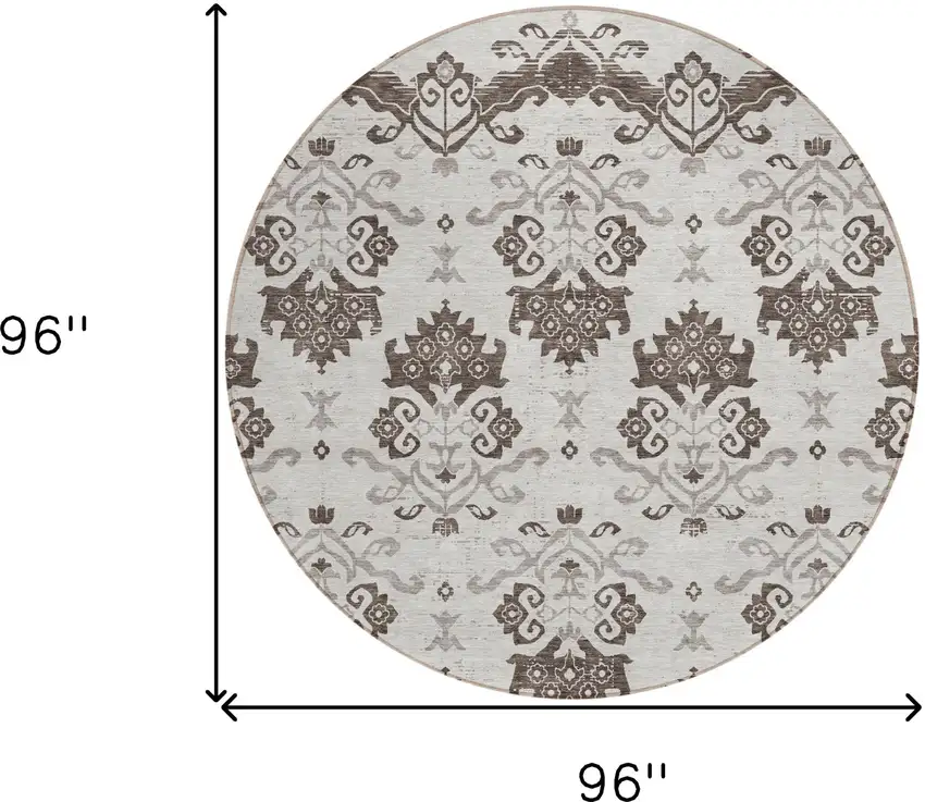 8' Chocolate Taupe And Beige Round Oriental Washable Indoor Outdoor Area Rug Photo 8