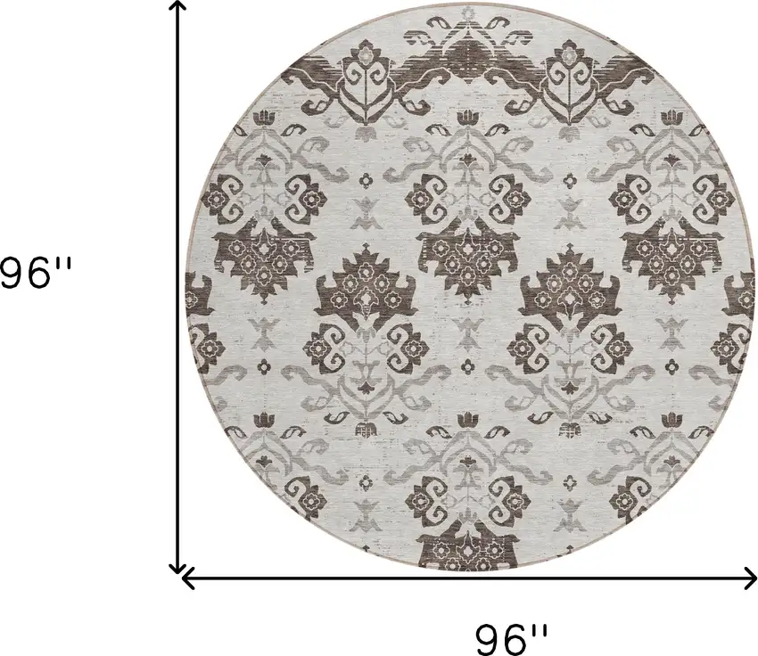 8' Chocolate Taupe And Beige Round Oriental Washable Indoor Outdoor Area Rug Photo 8