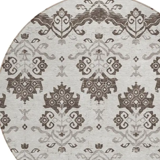 8' Chocolate Taupe And Beige Round Oriental Washable Indoor Outdoor Area Rug Photo 4