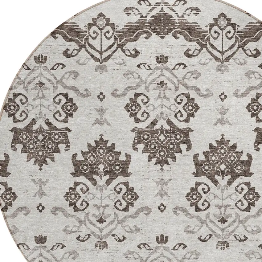 8' Chocolate Taupe And Beige Round Oriental Washable Indoor Outdoor Area Rug Photo 4