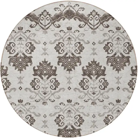 8' Chocolate Taupe And Beige Round Oriental Washable Indoor Outdoor Area Rug Photo 5