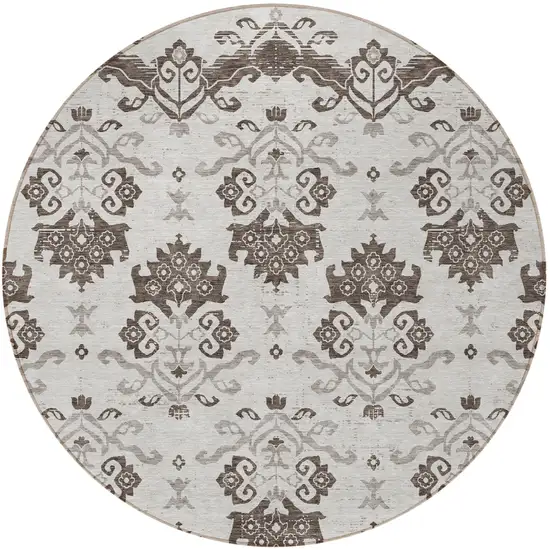 8' Chocolate Taupe And Beige Round Oriental Washable Indoor Outdoor Area Rug Photo 5