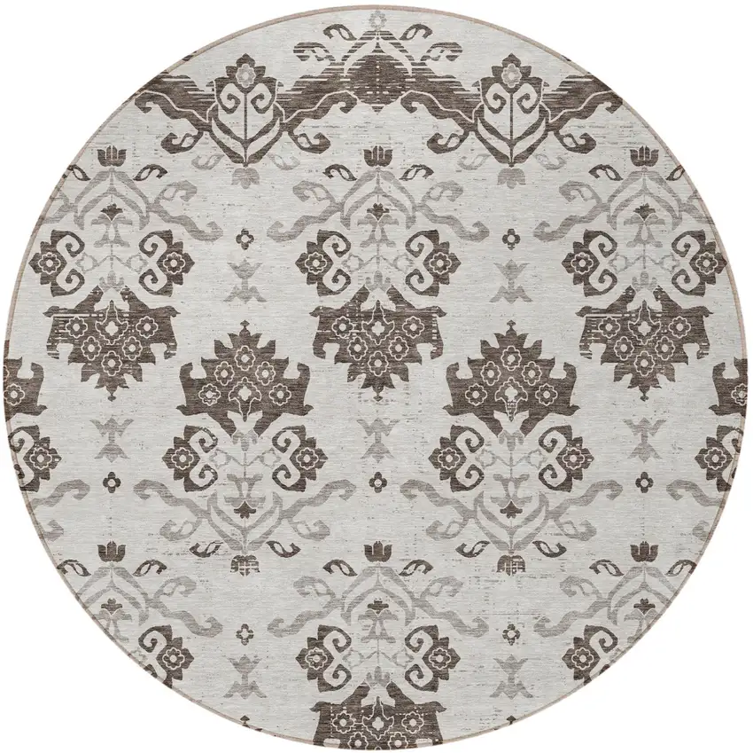 8' Chocolate Taupe And Beige Round Oriental Washable Indoor Outdoor Area Rug Photo 5