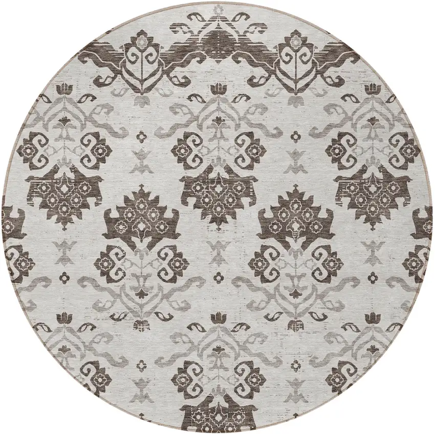 8' Chocolate Taupe And Beige Round Oriental Washable Indoor Outdoor Area Rug Photo 5