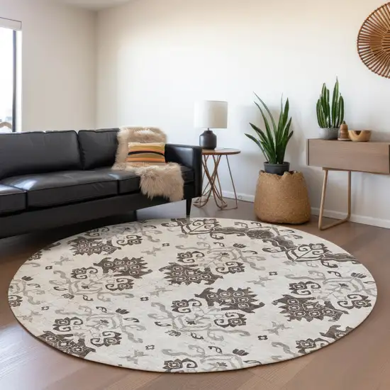 8' Chocolate Taupe And Beige Round Oriental Washable Indoor Outdoor Area Rug Photo 7