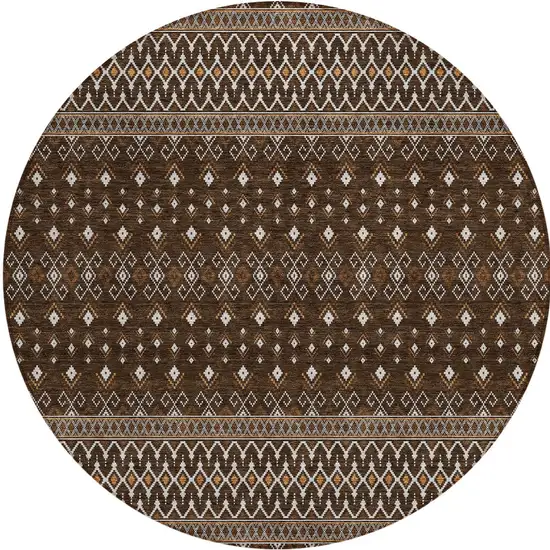 8' Chocolate Taupe And Copper Round Tribal Washable Indoor Outdoor Area Rug Photo 6