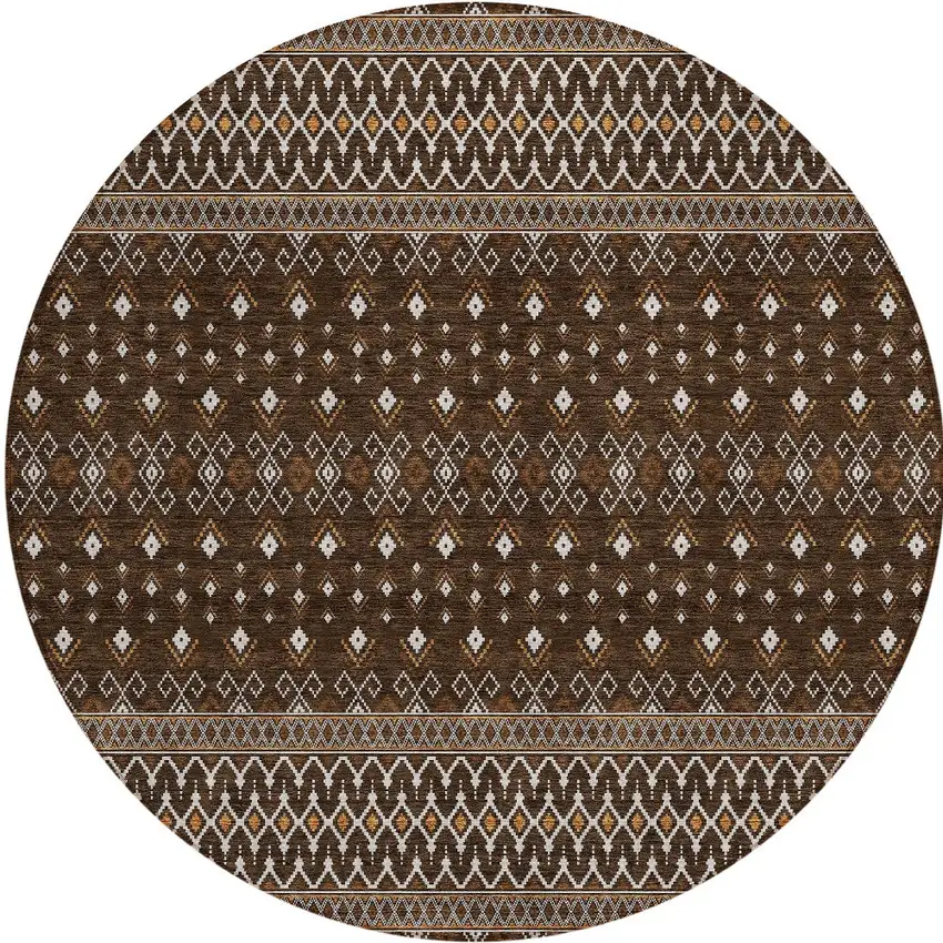 8' Chocolate Taupe And Copper Round Tribal Washable Indoor Outdoor Area Rug Photo 6