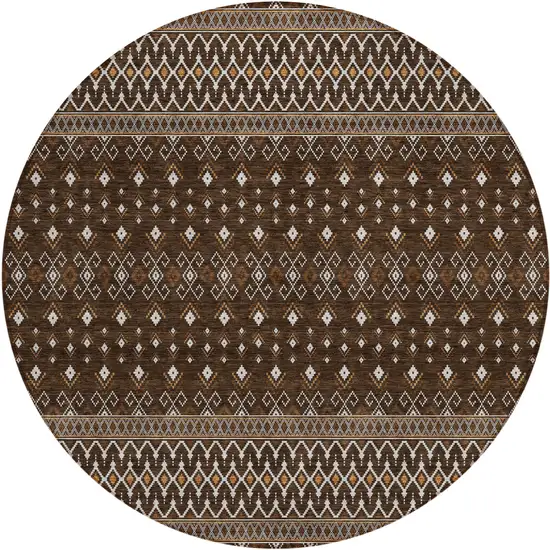 8' Chocolate Taupe And Copper Round Tribal Washable Indoor Outdoor Area Rug Photo 1