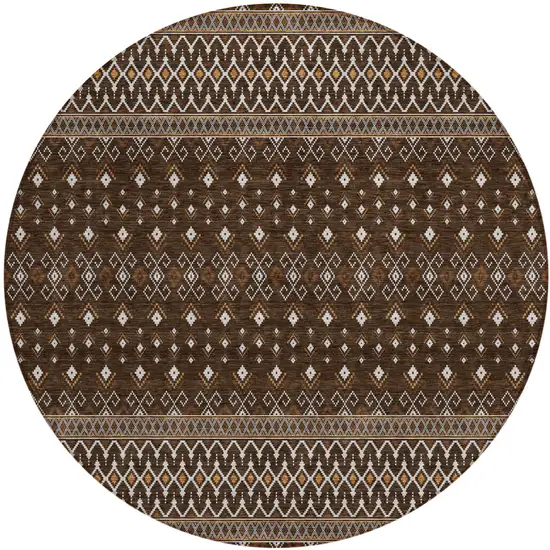 8' Chocolate Taupe And Copper Round Tribal Washable Indoor Outdoor Area Rug Photo 1