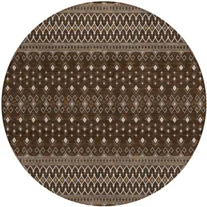 Photo of 8' Chocolate Taupe And Copper Round Tribal Washable Indoor Outdoor Area Rug