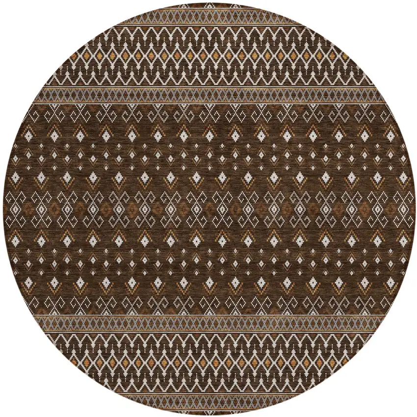 8' Chocolate Taupe And Copper Round Tribal Washable Indoor Outdoor Area Rug Photo 1