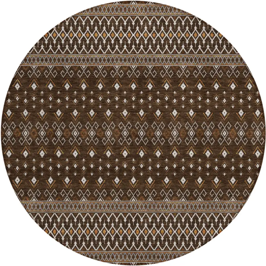 8' Chocolate Taupe And Copper Round Tribal Washable Indoor Outdoor Area Rug Photo 1