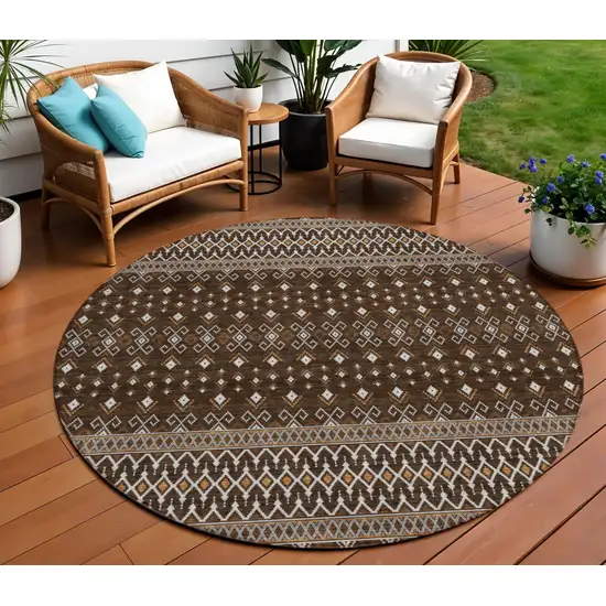 8' Chocolate Taupe And Copper Round Tribal Washable Indoor Outdoor Area Rug Photo 1