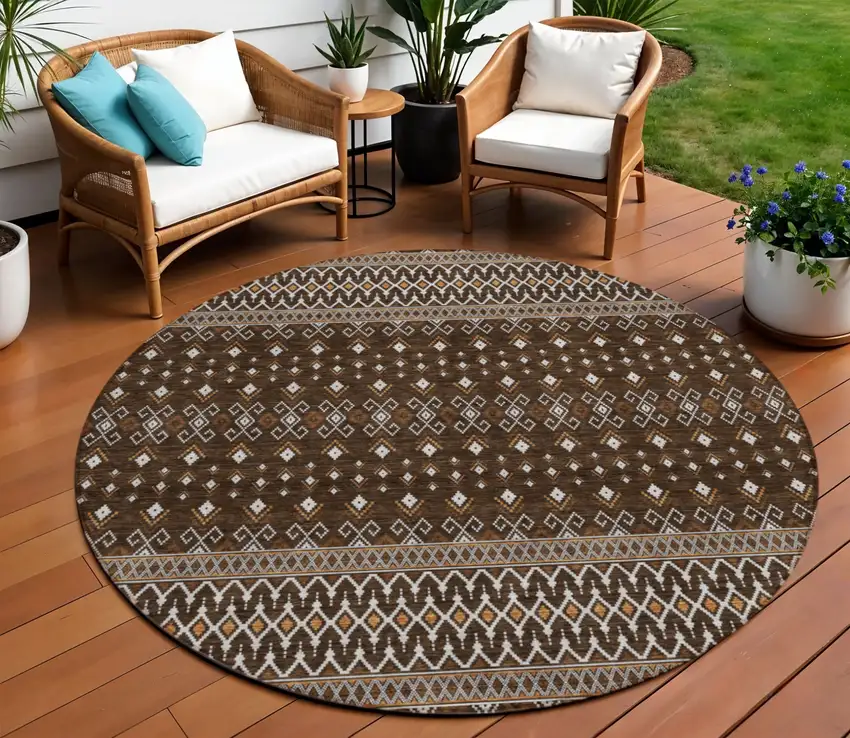 8' Chocolate Taupe And Copper Round Tribal Washable Indoor Outdoor Area Rug Photo 1