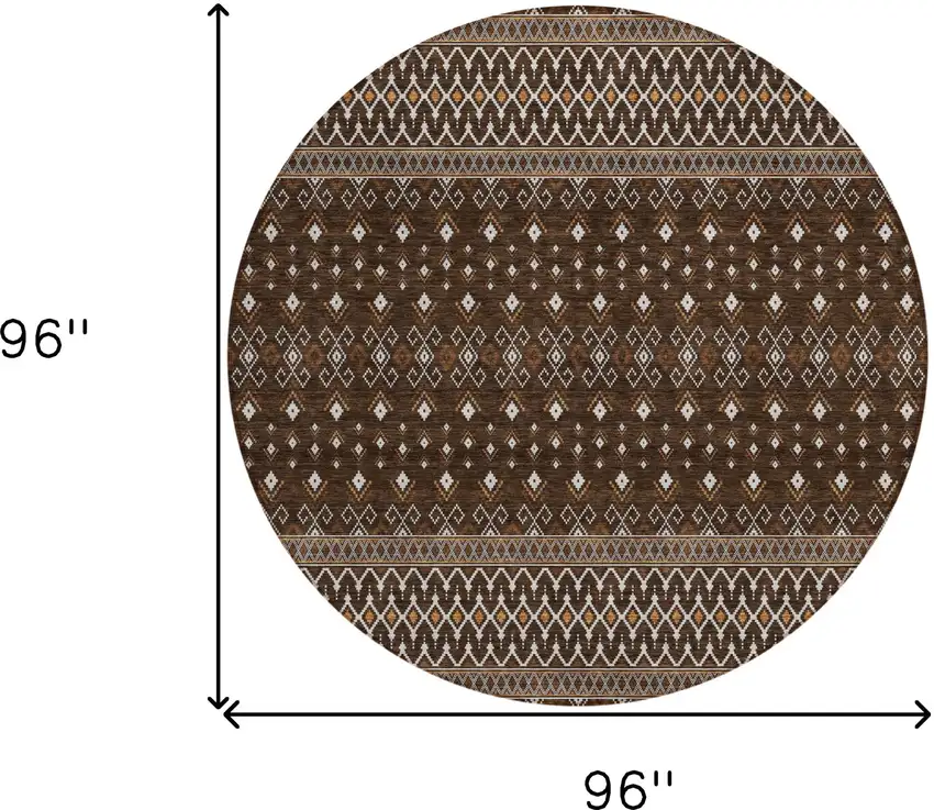 8' Chocolate Taupe And Copper Round Tribal Washable Indoor Outdoor Area Rug Photo 3