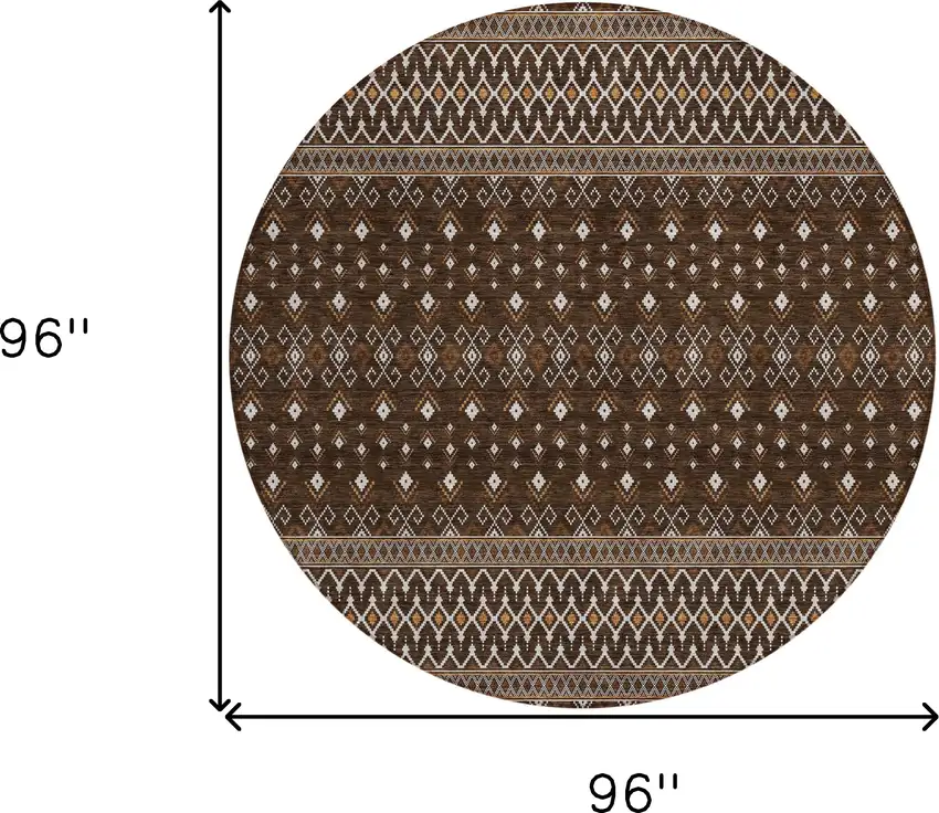 8' Chocolate Taupe And Copper Round Tribal Washable Indoor Outdoor Area Rug Photo 3