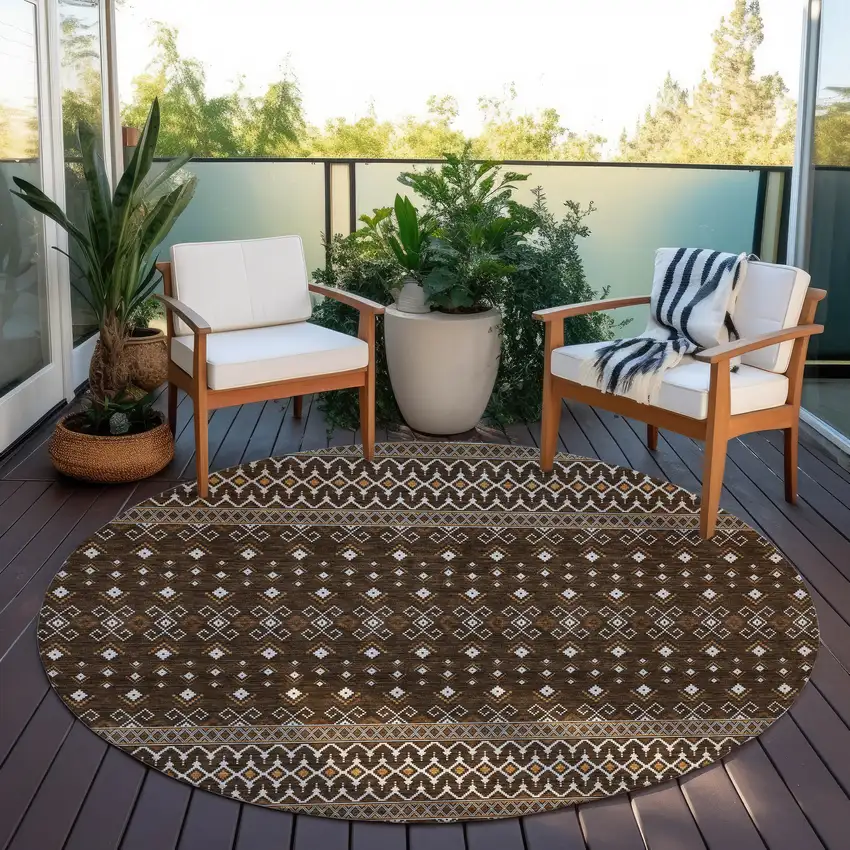 8' Chocolate Taupe And Copper Round Tribal Washable Indoor Outdoor Area Rug Photo 7