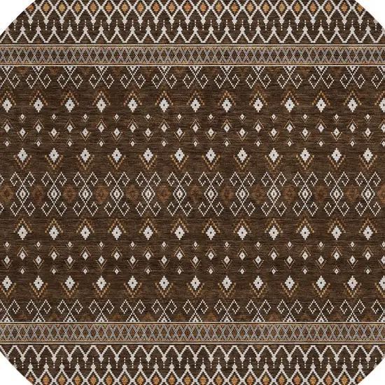 8' Chocolate Taupe And Copper Round Tribal Washable Indoor Outdoor Area Rug Photo 5