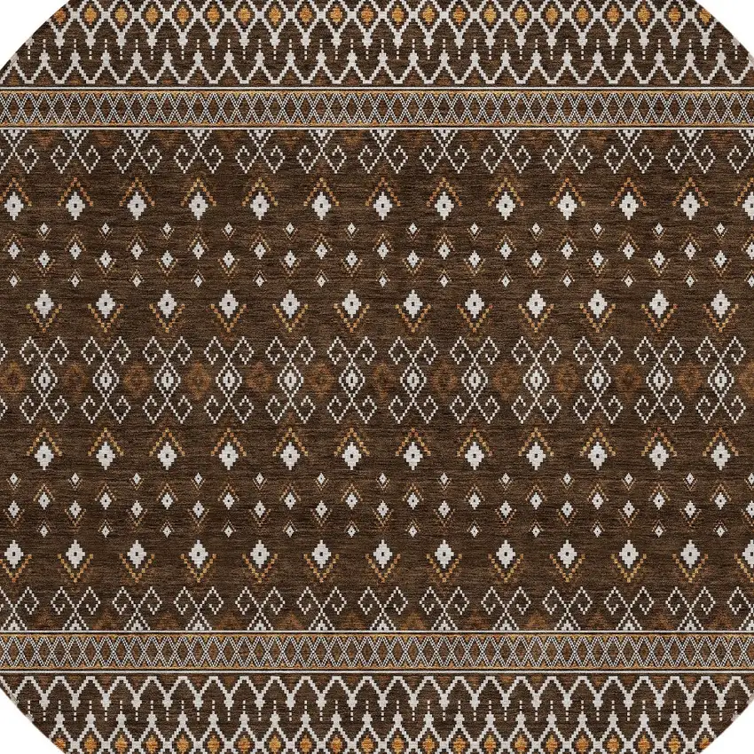 8' Chocolate Taupe And Copper Round Tribal Washable Indoor Outdoor Area Rug Photo 5