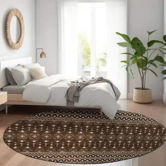 8' Chocolate Taupe And Copper Round Tribal Washable Indoor Outdoor Area Rug Photo 8