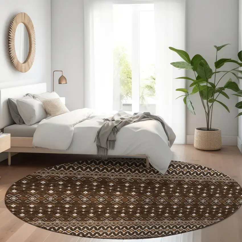 8' Chocolate Taupe And Copper Round Tribal Washable Indoor Outdoor Area Rug Photo 8