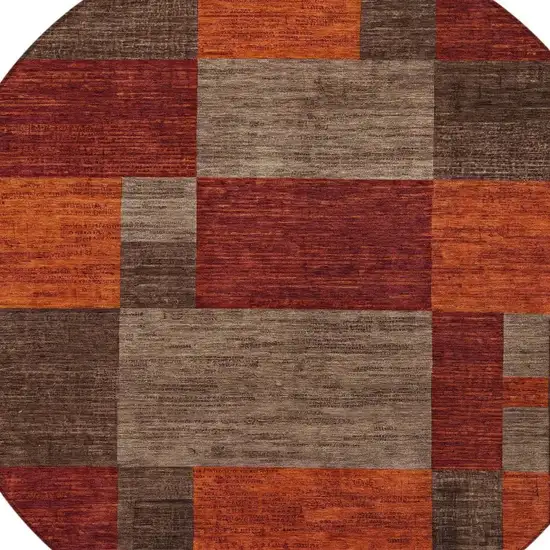 8' Chocolate Taupe And Orange Round Geometric Washable Indoor Outdoor Area Rug Photo 4