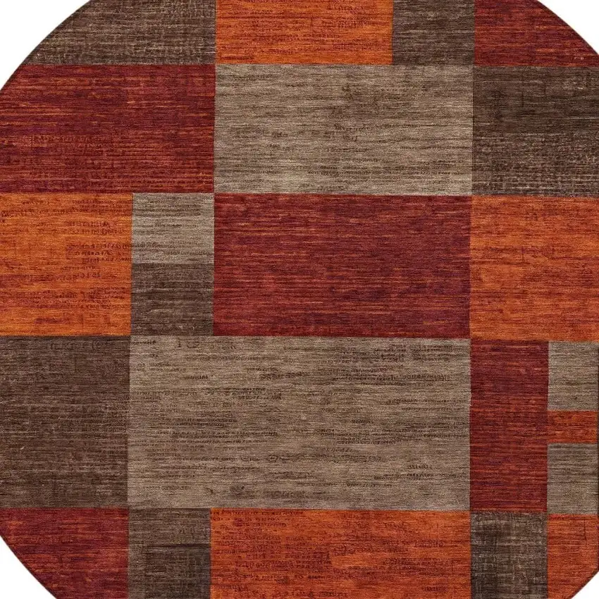 8' Chocolate Taupe And Orange Round Geometric Washable Indoor Outdoor Area Rug Photo 4