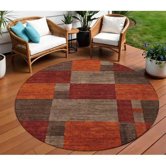 8' Chocolate Taupe And Orange Round Geometric Washable Indoor Outdoor Area Rug Photo 2