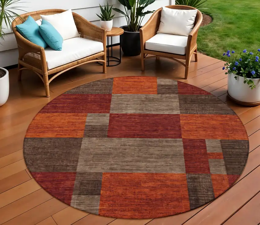 8' Chocolate Taupe And Orange Round Geometric Washable Indoor Outdoor Area Rug Photo 2