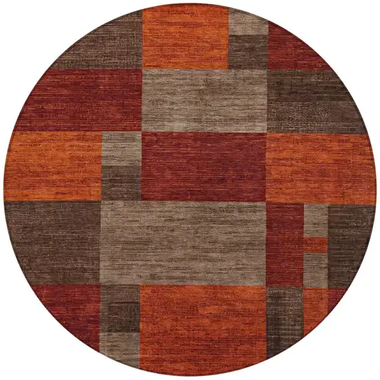 8' Chocolate Taupe And Orange Round Geometric Washable Indoor Outdoor Area Rug Photo 3