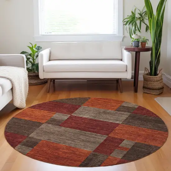 8' Chocolate Taupe And Orange Round Geometric Washable Indoor Outdoor Area Rug Photo 7