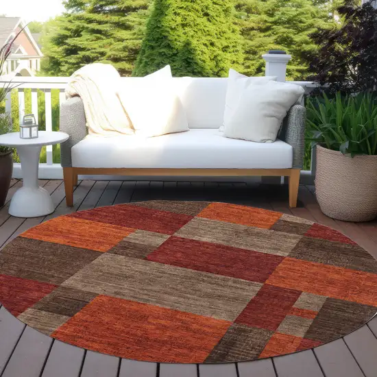 8' Chocolate Taupe And Orange Round Geometric Washable Indoor Outdoor Area Rug Photo 6