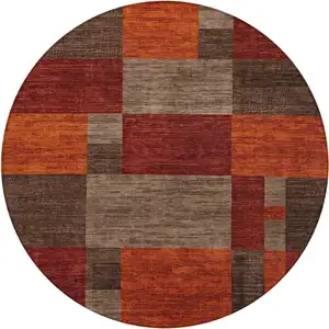 Photo of 8' Chocolate Taupe And Orange Round Geometric Washable Indoor Outdoor Area Rug