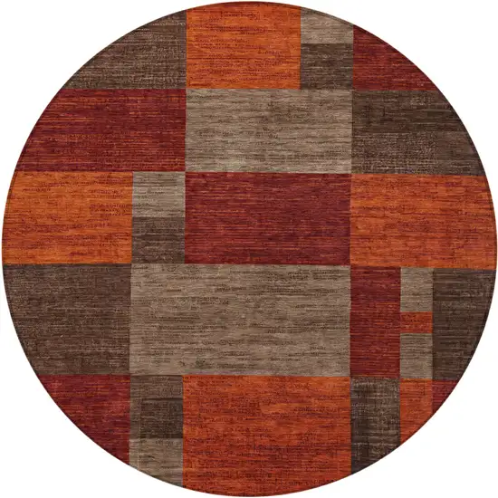 8' Chocolate Taupe And Orange Round Geometric Washable Indoor Outdoor Area Rug Photo 1