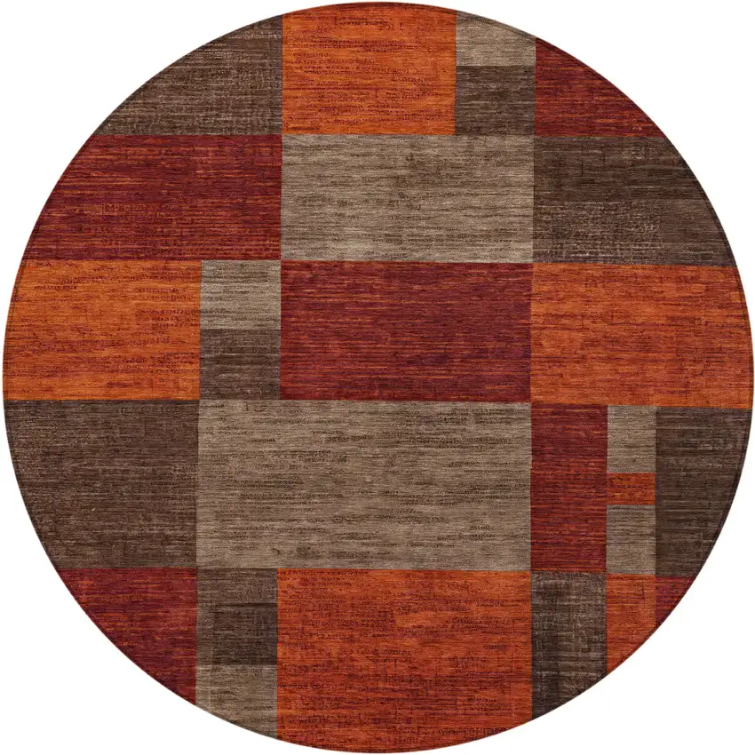 8' Chocolate Taupe And Orange Round Geometric Washable Indoor Outdoor Area Rug Photo 1
