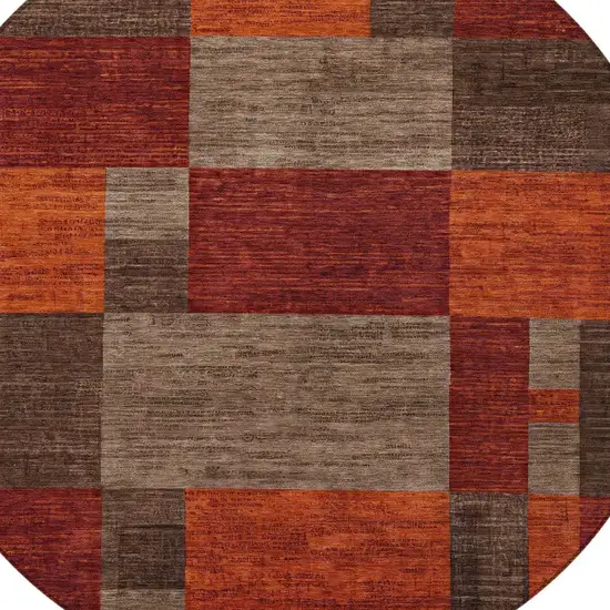 8' Chocolate Taupe And Orange Round Geometric Washable Indoor Outdoor Area Rug Photo 9