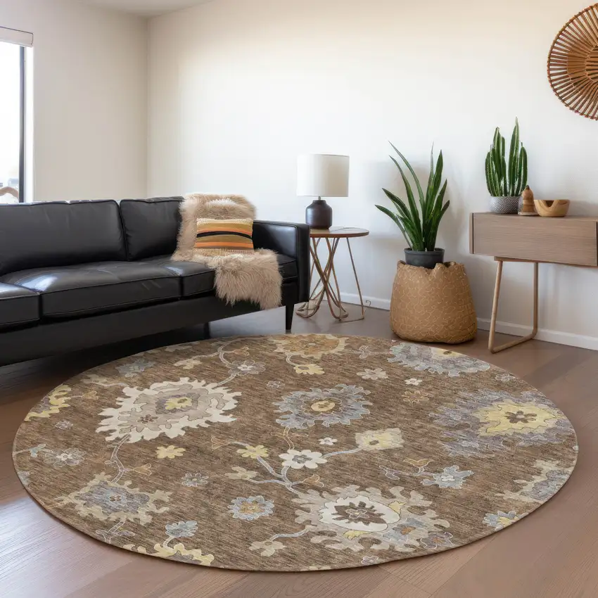 8' Chocolate Taupe And White Round Floral Washable Indoor Outdoor Area Rug Photo 8