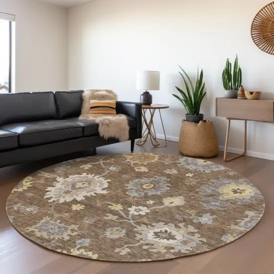 8' Chocolate Taupe And White Round Floral Washable Indoor Outdoor Area Rug Photo 8