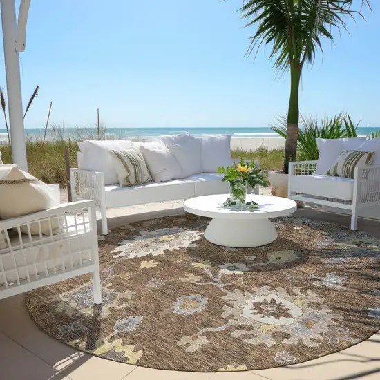 8' Chocolate Taupe And White Round Floral Washable Indoor Outdoor Area Rug Photo 7