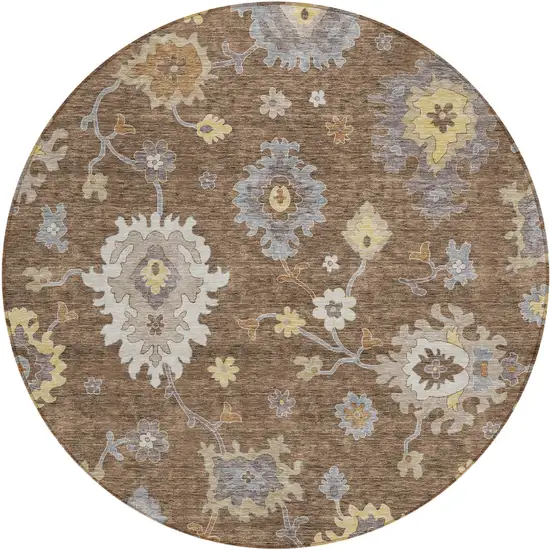 8' Chocolate Taupe And White Round Floral Washable Indoor Outdoor Area Rug Photo 1
